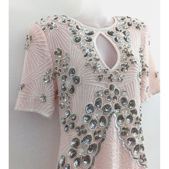 NOS Jennifer Evening Gown MED Pink Midi Silk Bead‎ Sequin Keyhole Barbicore Glam - Picture 2 of 16